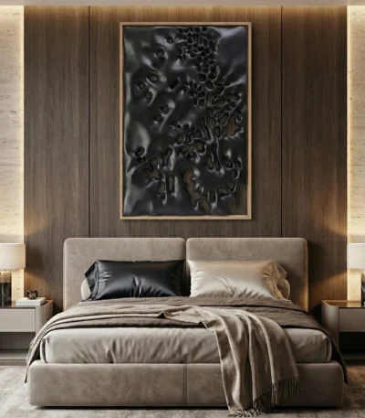 Textured abstract hand-painted canvas with expressive black figures and organic forms in monochrome tones, modern bedroom