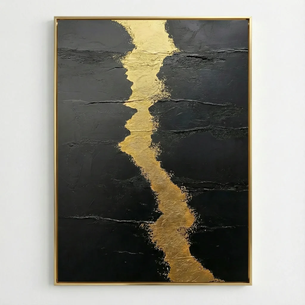 Abstract hand-painted canvas with bold gold leaf vertical stripe against textured black background, contemporary aesthetic