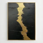 Abstract hand-painted canvas with bold gold leaf vertical stripe against textured black background, contemporary aesthetic