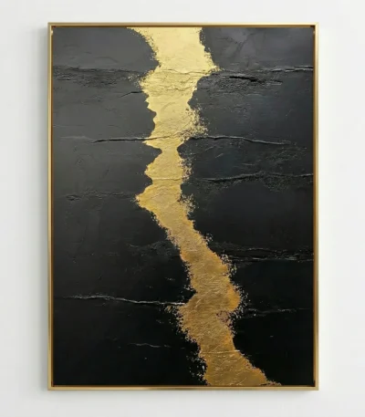 Abstract hand-painted canvas with bold gold leaf vertical stripe against textured black background, contemporary aesthetic