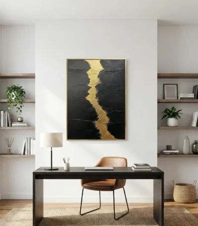 Textured abstract hand-painted canvas with bold gold leaf striations through charcoal black, contemporary home office