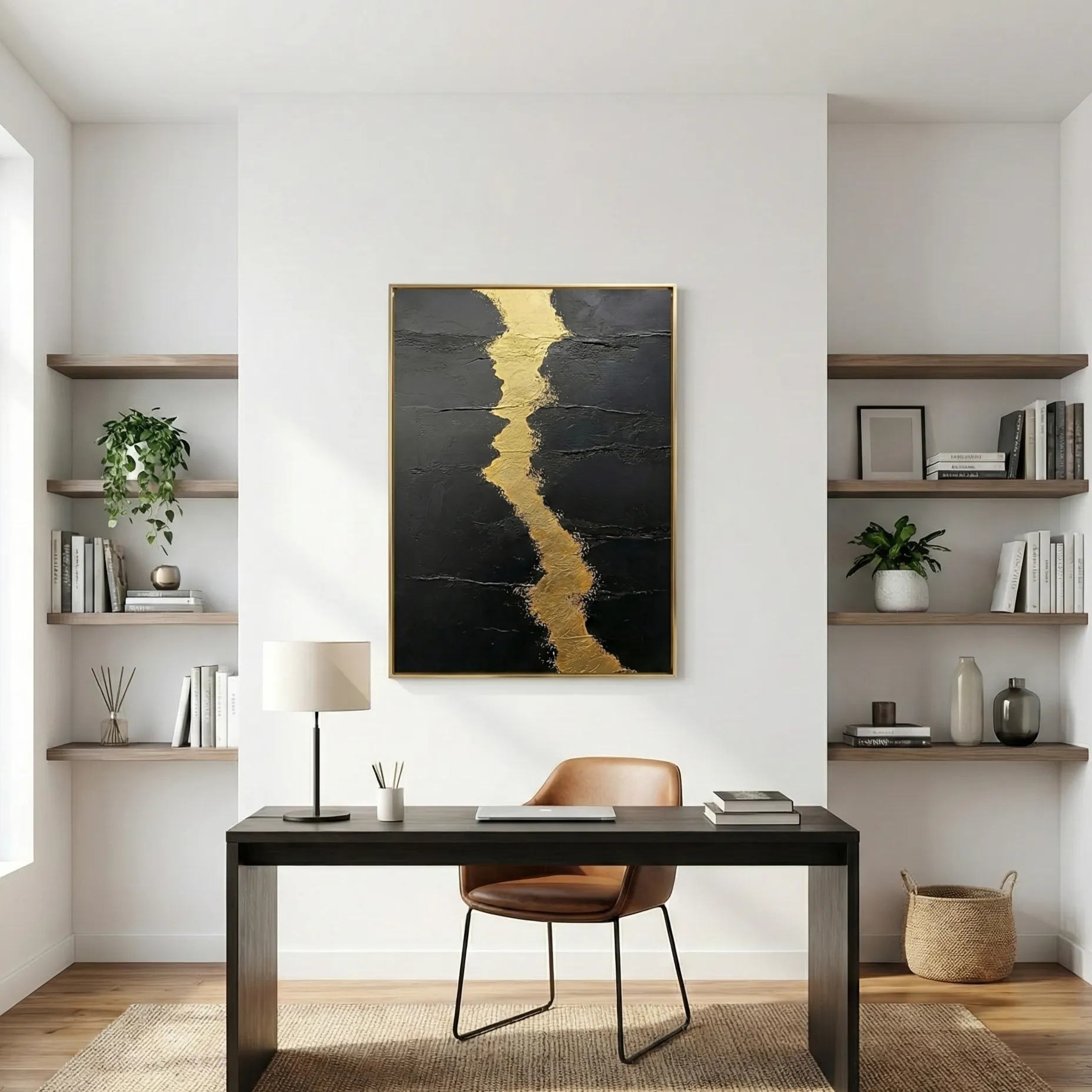 Black Gold Divide Black canvas with gold vein abstract wall decor (3) Textured abstract hand-painted canvas with bold gold leaf striations through charcoal black, contemporary home office