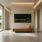 Abstract expressionist hand-painted canvas depicting golden lava flows against deep charcoal black, contemporary entryway