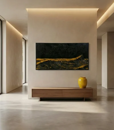 Abstract expressionist hand-painted canvas depicting golden lava flows against deep charcoal black, contemporary entryway