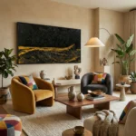 Gestural abstract hand-painted canvas in black and gold with dynamic brushwork, contemporary living space