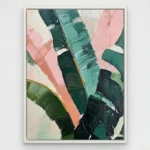 Gestural abstract hand-painted canvas in layered pink, teal, and forest green brushstrokes with dynamic movement