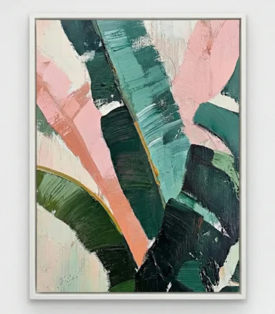 Gestural abstract hand-painted canvas in layered pink, teal, and forest green brushstrokes with dynamic movement