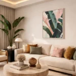 Gestural abstract hand-painted canvas in pink, teal, and charcoal brushstrokes, contemporary living space