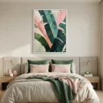 Gestural abstract hand-painted canvas with layered pink, teal, and forest green brushstrokes, modern bedroom