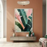 Gestural abstract hand-painted canvas with bold pink, forest green, and teal brushstrokes on cream, contemporary living space