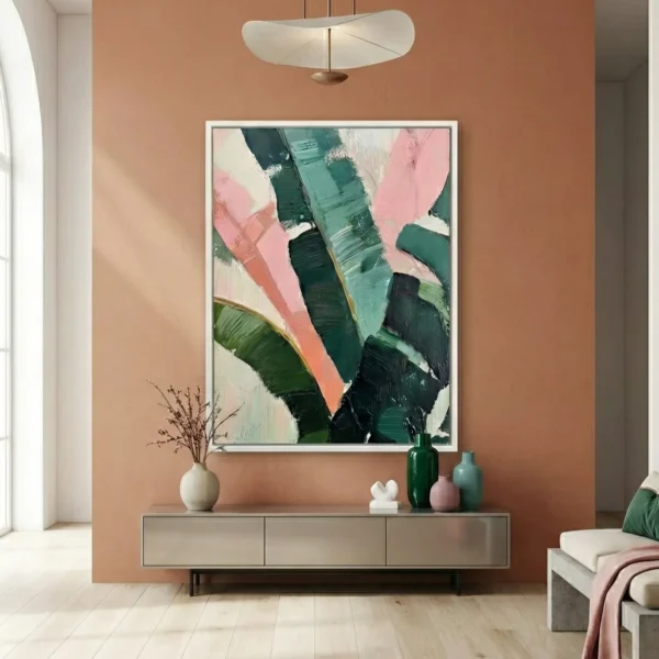 Gestural abstract hand-painted canvas with bold pink, forest green, and teal brushstrokes on cream, contemporary living space