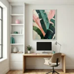 Gestural abstract hand-painted canvas with bold pink, teal, and forest green brushstrokes, modern home office