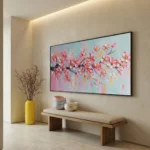 Impressionist hand-painted canvas depicting pink cherry blossoms on branches in soft blue, pink, and yellow tones, contemporary entryway
