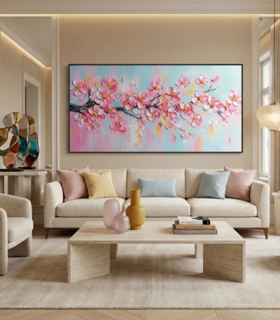 Impressionist hand-painted canvas depicting blooming pink cherry blossoms with golden centers on textured brushstrokes, soft pastel palette, contemporary living space