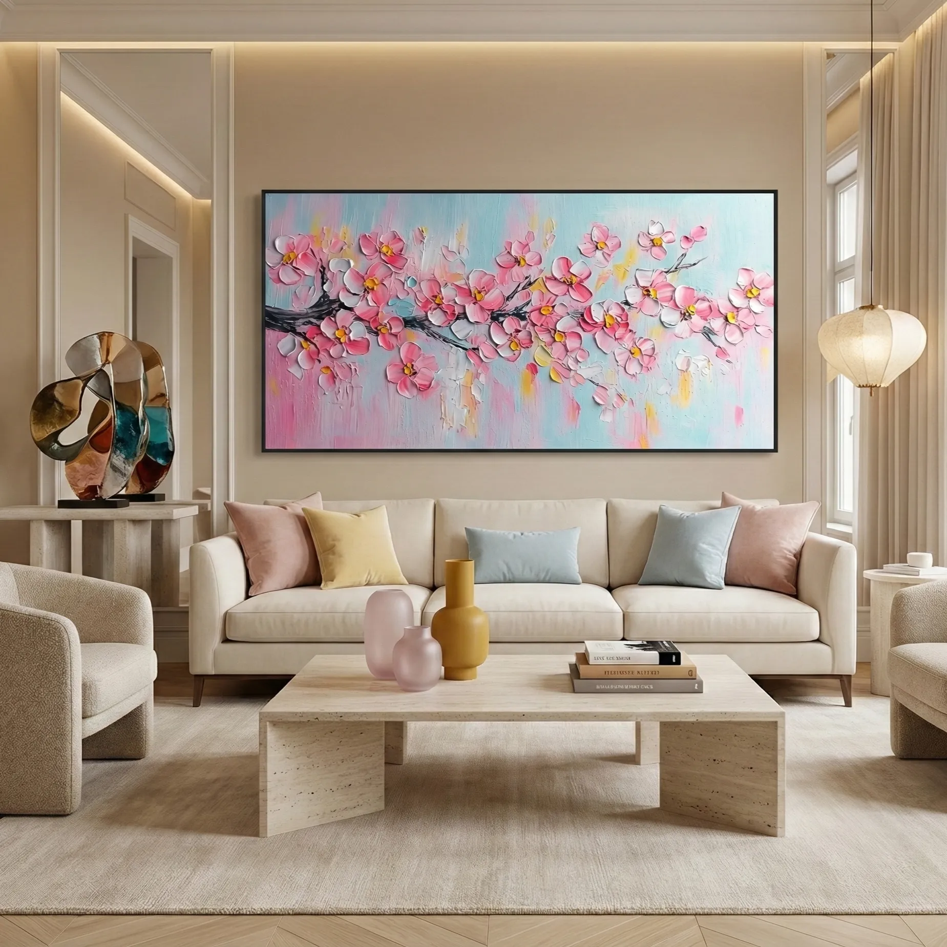 Blush Pink Bloom Pink impasto cherry blossoms color wall art (3) Impressionist hand-painted canvas depicting blooming pink cherry blossoms with golden centers on textured brushstrokes, soft pastel palette, contemporary living space