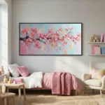 Textured hand-painted canvas depicting pink cherry blossoms on dark branches with soft blue and yellow accents, modern bedroom