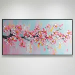 Contemporary hand-painted canvas depicting pink cherry blossoms on dark branches with soft pastel background, modern living space