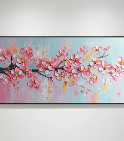 Contemporary hand-painted canvas depicting pink cherry blossoms on dark branches with soft pastel background, modern living space