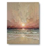 Textured blush-and-sand sunset seascape with a glowing white sun and teal waves, raw unframed canvas edge