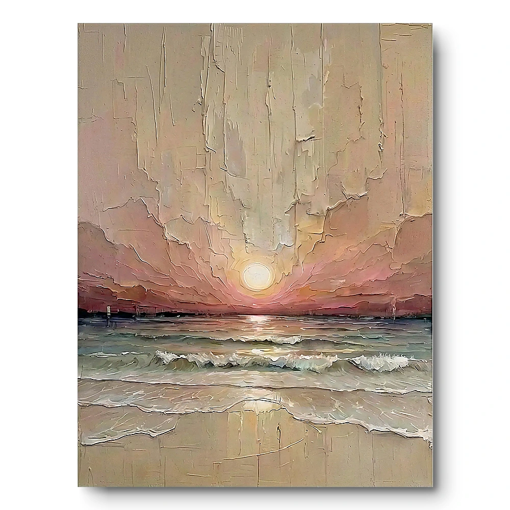 blush-sands-pink-and-cream-coastal-landscape-textured-art-25 Textured blush-and-sand sunset seascape with a glowing white sun and teal waves, raw unframed canvas edge