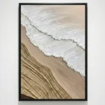 Textured coastal hand-painted canvas capturing ocean waves and sandy beach in cream and golden earth tones