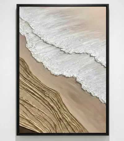 Textured coastal hand-painted canvas capturing ocean waves and sandy beach in cream and golden earth tones