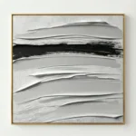 Textured abstract hand-painted canvas with layered horizontal brushstrokes in monochrome whites, grays, and black, contemporary living space