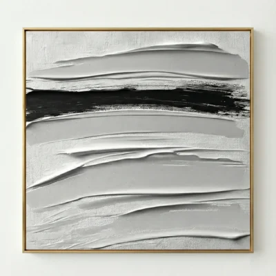 Textured abstract hand-painted canvas with layered horizontal brushstrokes in monochrome whites, grays, and black, contemporary living space