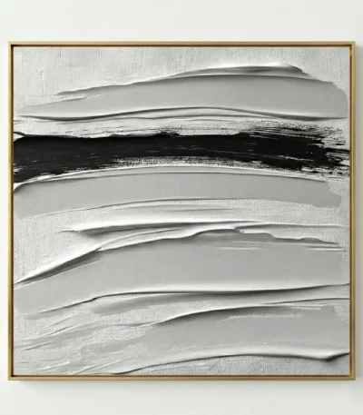 Textured abstract hand-painted canvas with layered horizontal brushstrokes in monochrome whites, grays, and black, contemporary living space