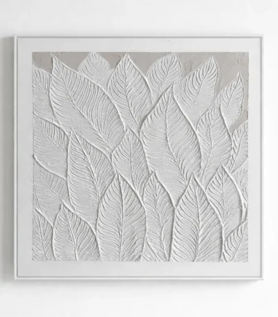 Textured minimalist hand-painted canvas of layered feather forms in monochrome white and grey tones