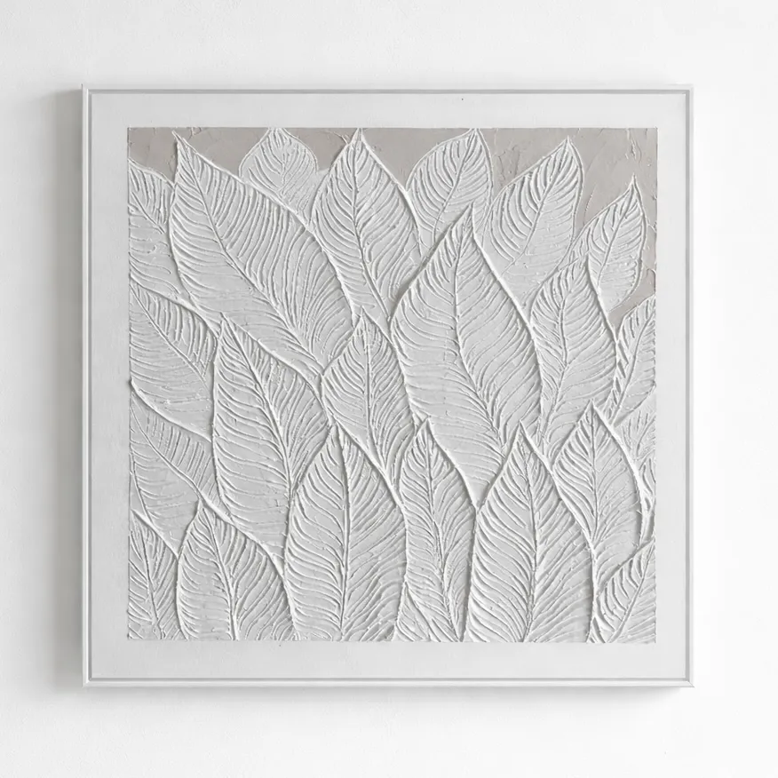 Textured minimalist hand-painted canvas of layered feather forms in monochrome white and grey tones