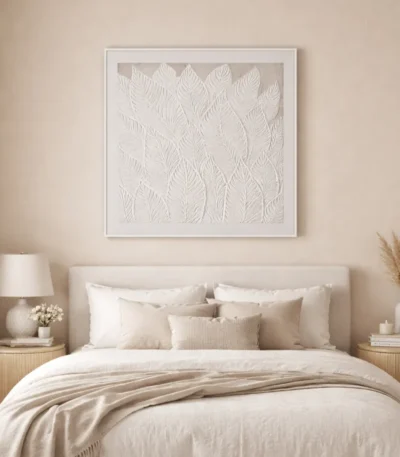 Textured minimalist hand-painted canvas featuring layered white feather motifs in soft monochromatic tones, modern bedroom setting