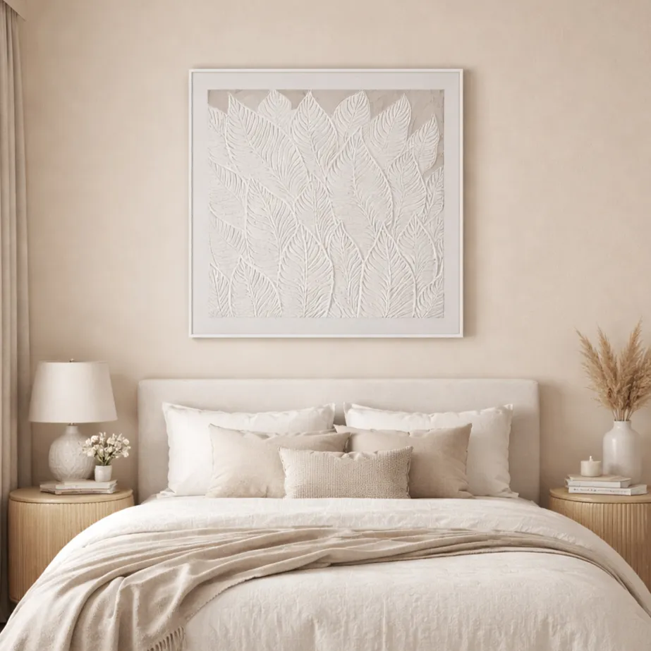 Textured minimalist hand-painted canvas featuring layered white feather motifs in soft monochromatic tones, modern bedroom setting