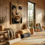 Gestural abstract expressionist hand-painted canvas depicting a female face in black, cream, and copper tones, modern interior space