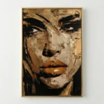 Gestural expressionist hand-painted canvas depicting a portrait face in ochre, cream, and black with bold brushwork strokes