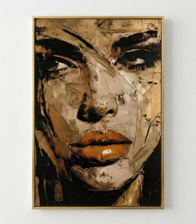 Gestural expressionist hand-painted canvas depicting a portrait face in ochre, cream, and black with bold brushwork strokes