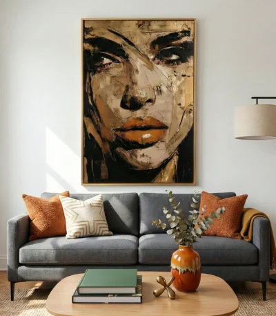 Gestural expressionist hand-painted canvas depicting a woman's face in bold black and ochre strokes, contemporary living space