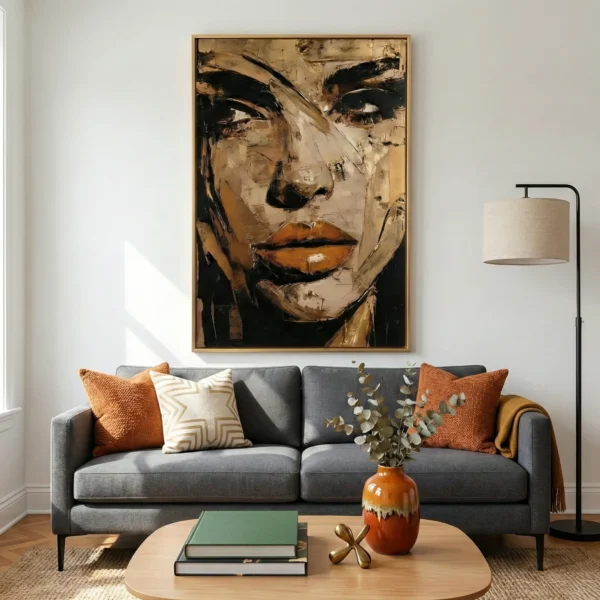 Gestural expressionist hand-painted canvas depicting a woman's face in bold black and ochre strokes, contemporary living space