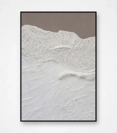 Textured abstract hand-painted canvas with layered white and cream impasto strokes evoking mountainous terrain, mounted in modern interior