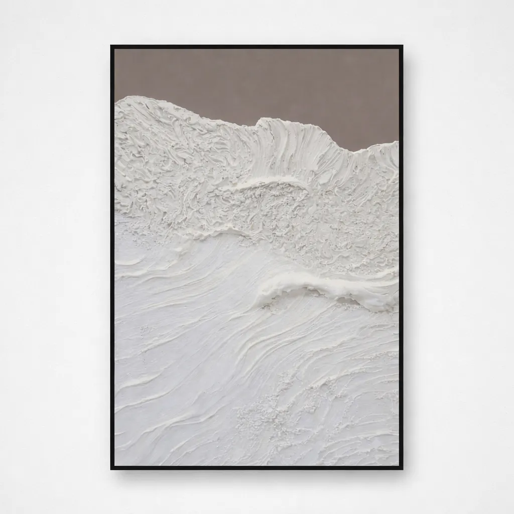 Textured abstract hand-painted canvas with layered white and cream impasto strokes evoking mountainous terrain, mounted in modern interior