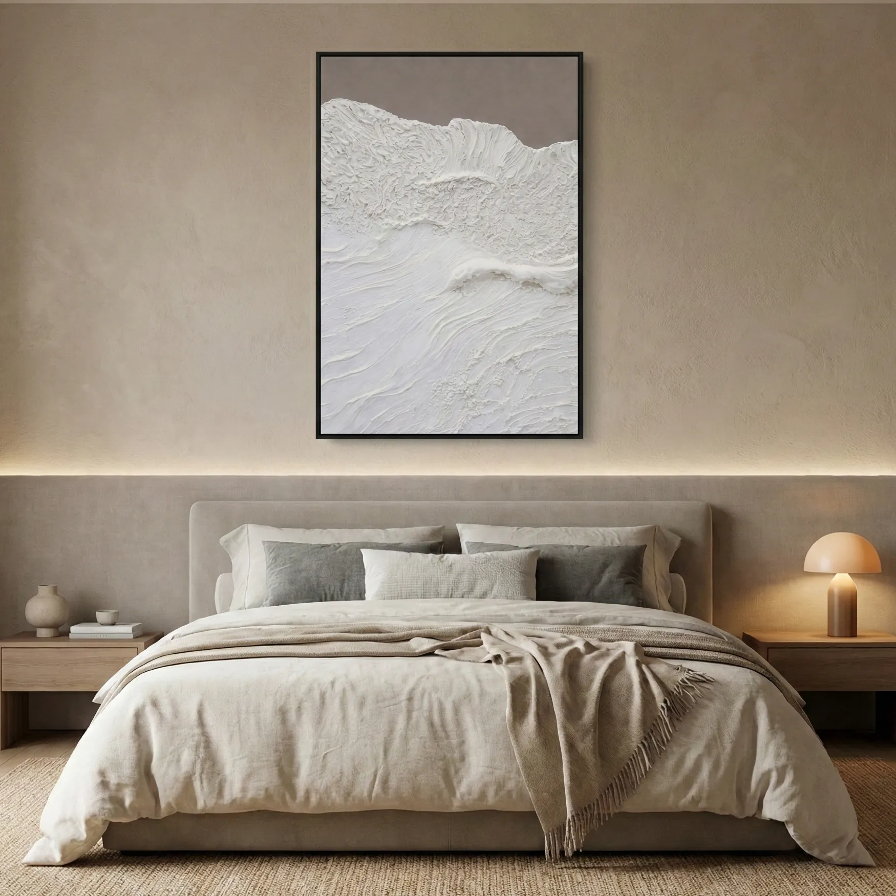 Calm Horizon Relief White textured wave relief minimal wall art (3) Textured abstract hand-painted canvas in monochromatic white and cream with layered gestural brushstrokes, modern bedroom
