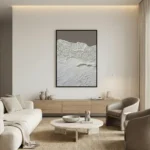 Textured abstract landscape hand-painted canvas depicting layered mountain ridges in monochromatic white and grey, contemporary living space