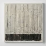 Textured abstract hand-painted canvas with vertical striations in cream and charcoal, layered with gestural marks