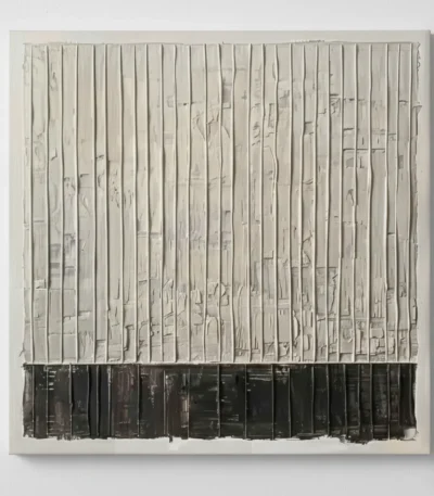 Textured abstract hand-painted canvas with vertical striations in cream and charcoal, layered with gestural marks