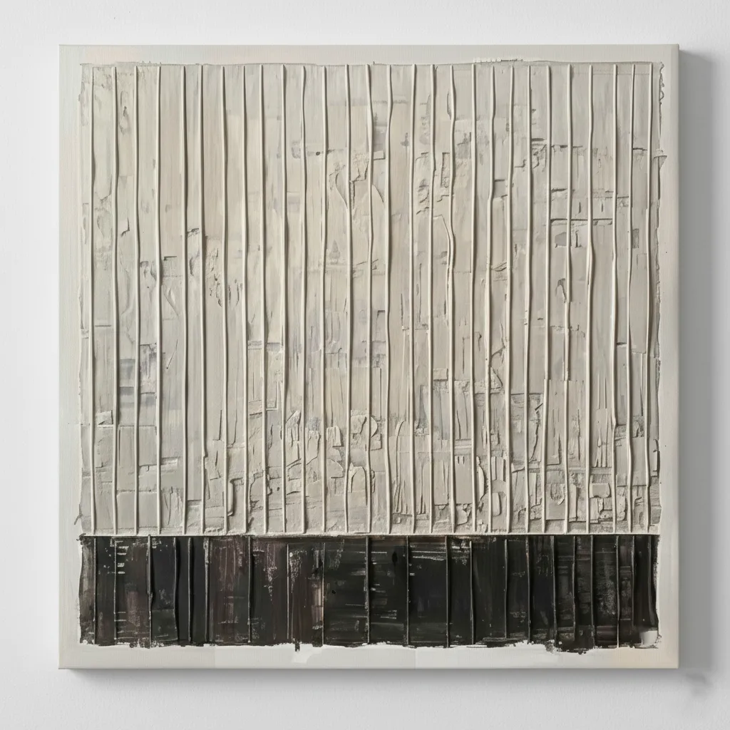Textured abstract hand-painted canvas with vertical striations in cream and charcoal, layered with gestural marks