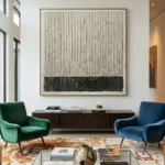 Gestural abstract hand-painted canvas with vertical striations in cream and charcoal, contemporary living space