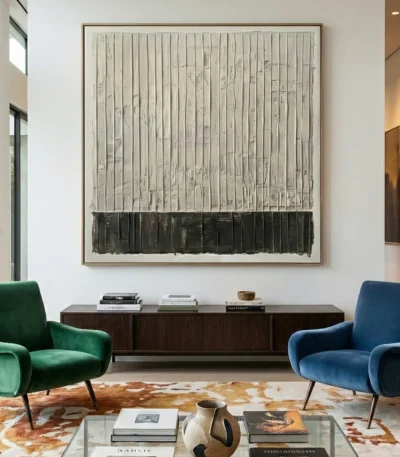 Gestural abstract hand-painted canvas with vertical striations in cream and charcoal, contemporary living space