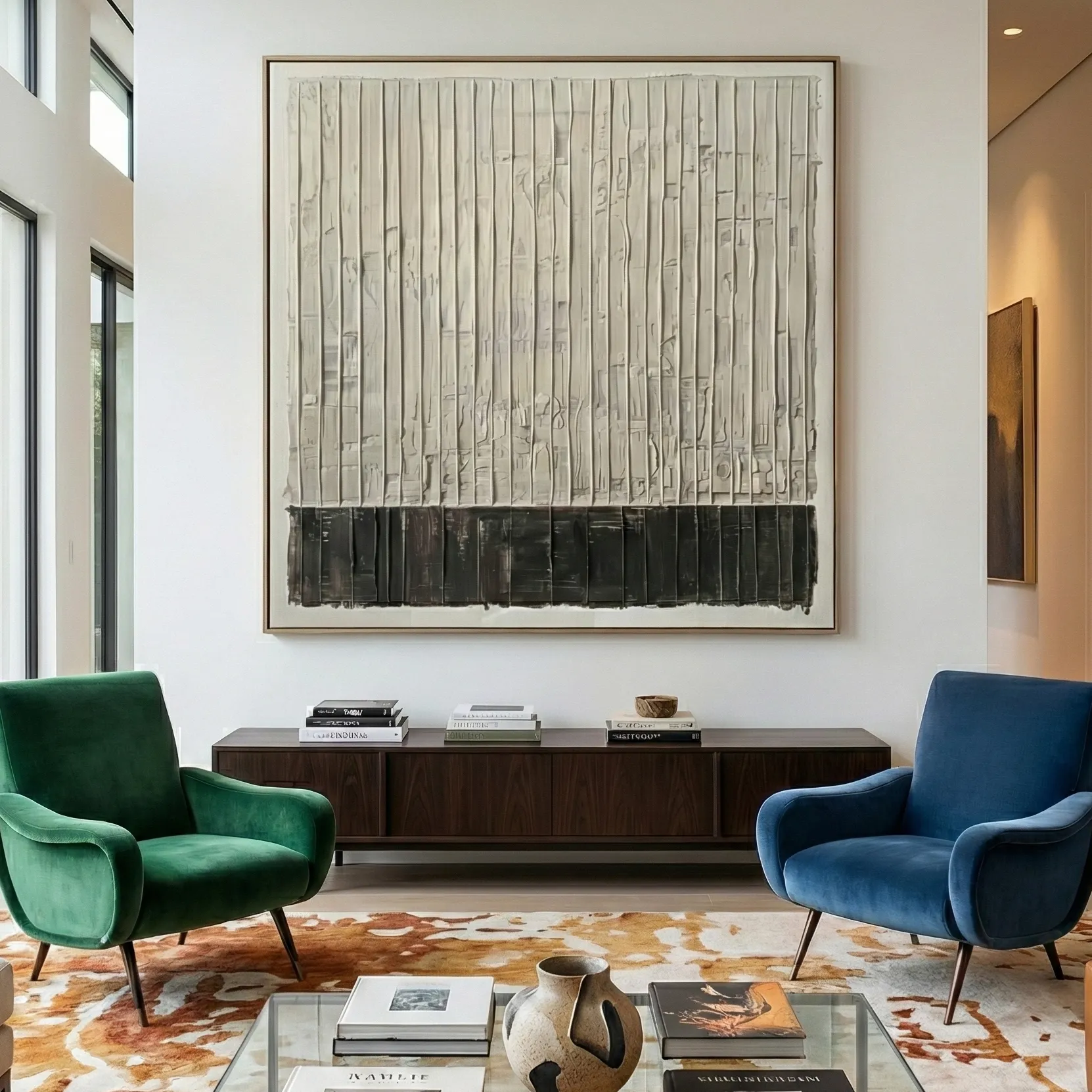Calm Relief White and black textured canvas minimal wall art (4) Gestural abstract hand-painted canvas with vertical striations in cream and charcoal, contemporary living space
