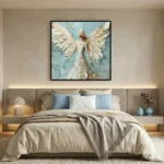 Textured contemporary hand-painted canvas depicting an ethereal angel figure in cream and soft blue tones, modern bedroom setting