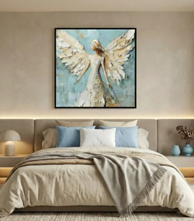 Textured contemporary hand-painted canvas depicting an ethereal angel figure in cream and soft blue tones, modern bedroom setting